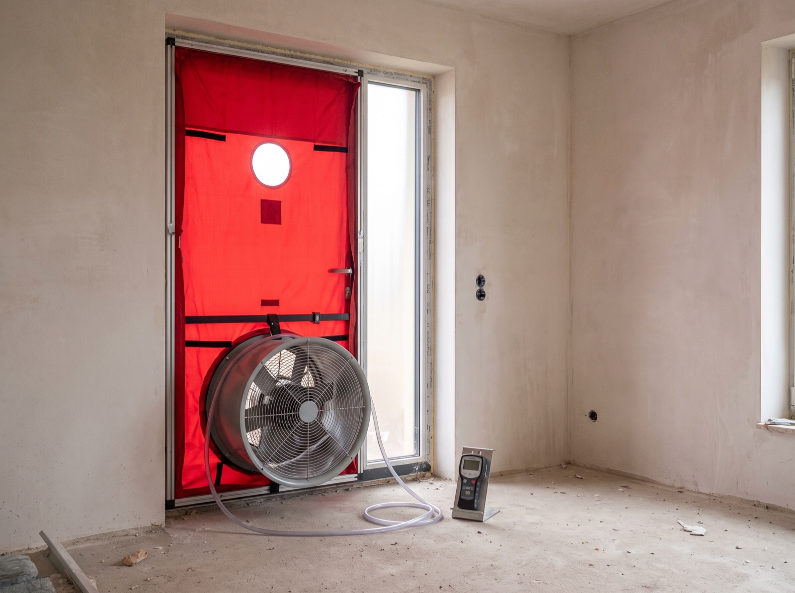 Symbolbild: Blower-Door-Messung, rote Plane im Alurahmen der Türöffnung, Gebläse und Manometer