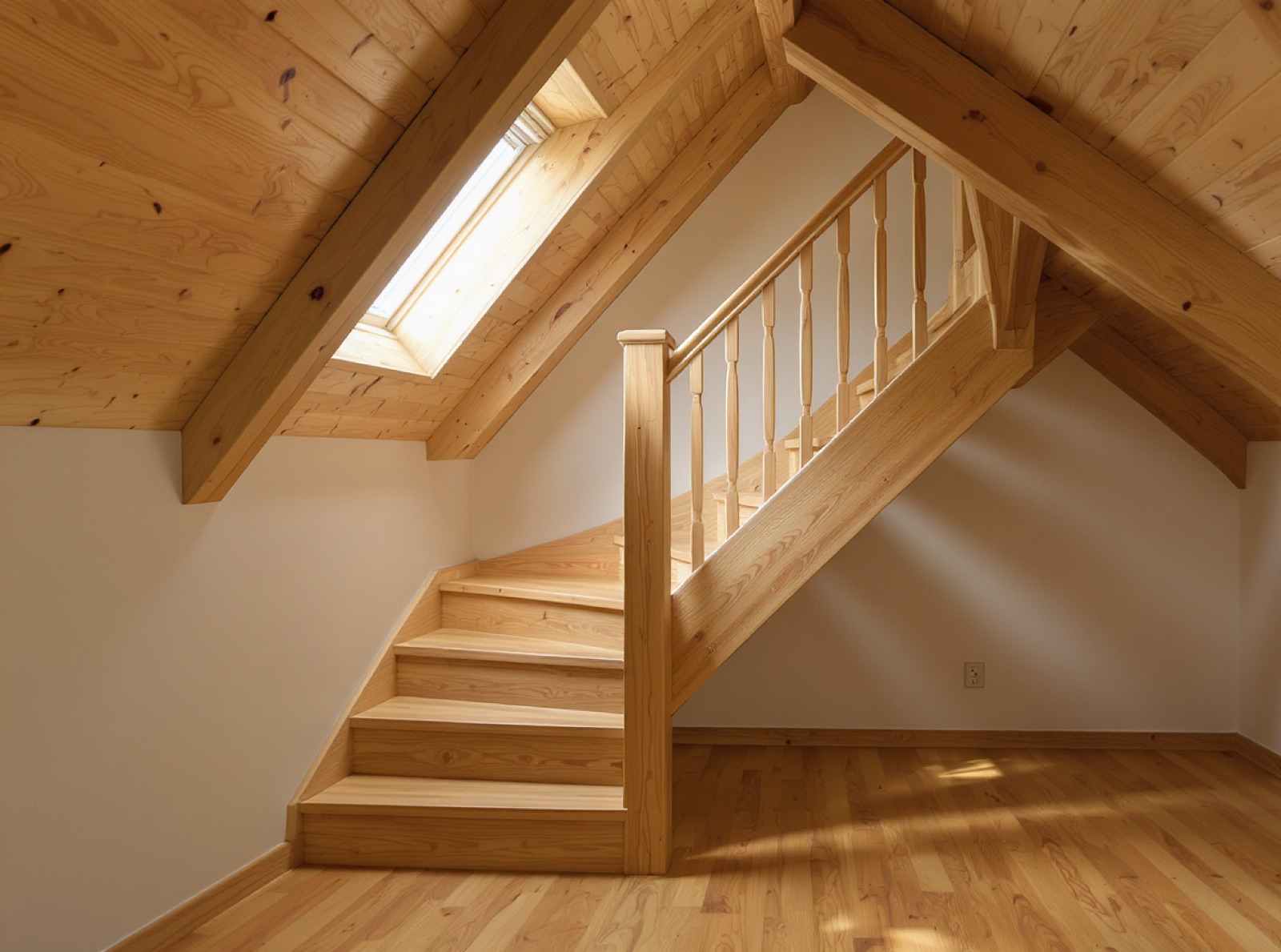 Symbolbild: Ausgebautes Dachgeschoss mit Holztreppe und Dachfenster