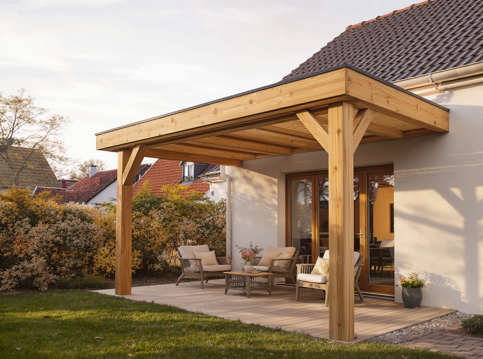Symbolbild: Pergola aus Holz an einem Wohnhaus